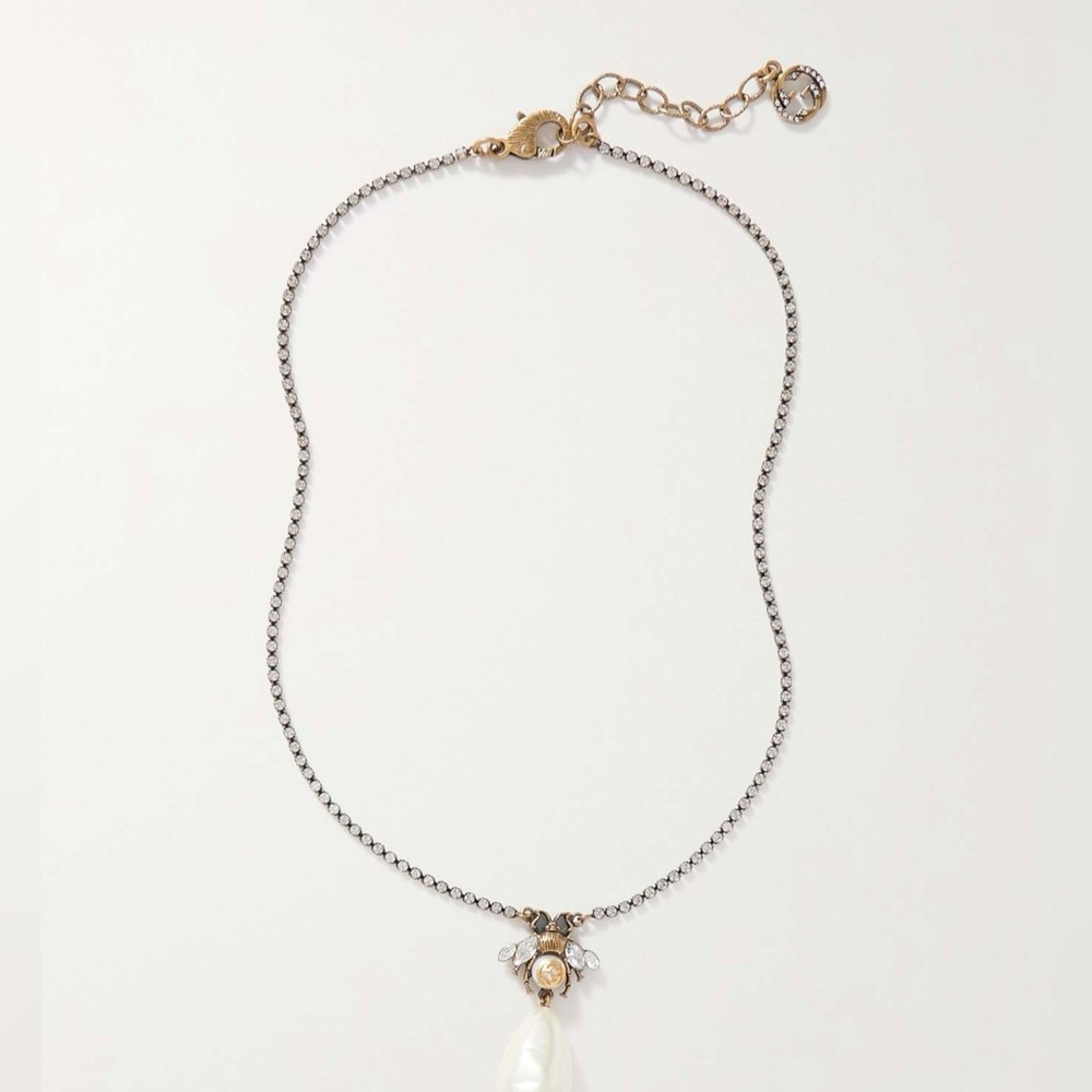 Gucci Gold-tone, crystal and faux pearl necklace